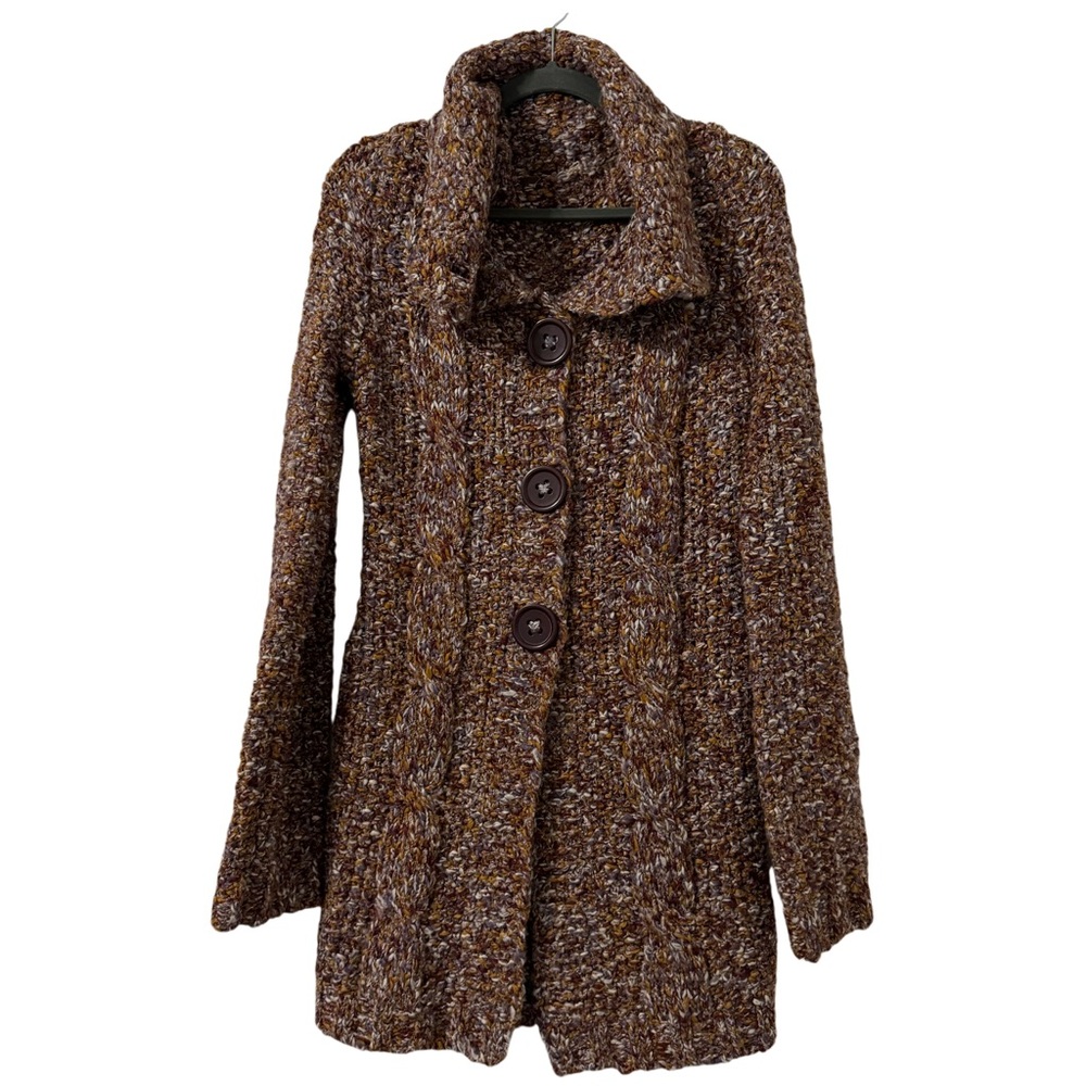 Free People Chunky Cable Knit Cardigan S Coat Brown Wool Blend Longline Sweater